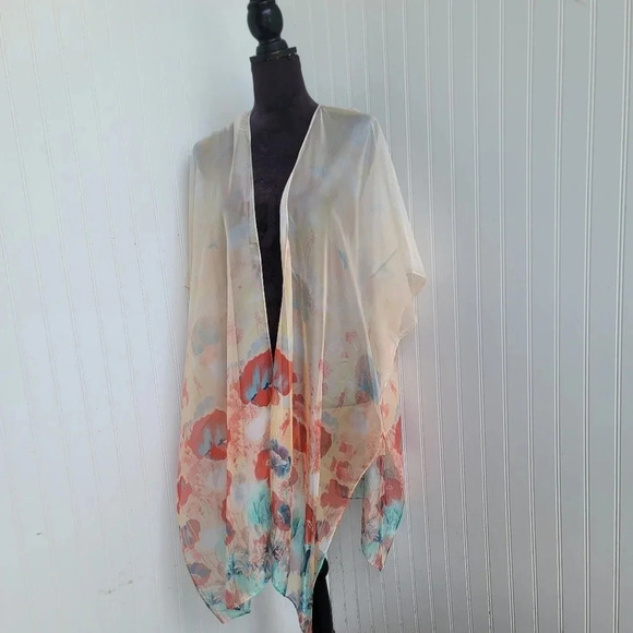 Vintage Lighweight Sheer Kimono Cardigan Poppy Floral Black Small Sheer Peach - Picture 6 of 11